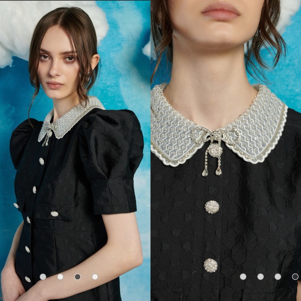 Sister Jane Black Jacquard Bead Peter-Pan Collar Puff Sleeve Mini Dress 🌿 - Picture 2 of 10